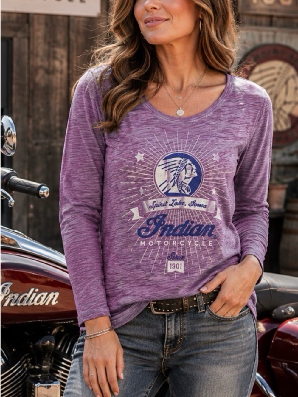 Indian Motorcycle Women’s XL Purple Lace Back Embellished Long Sleeve Biker Top